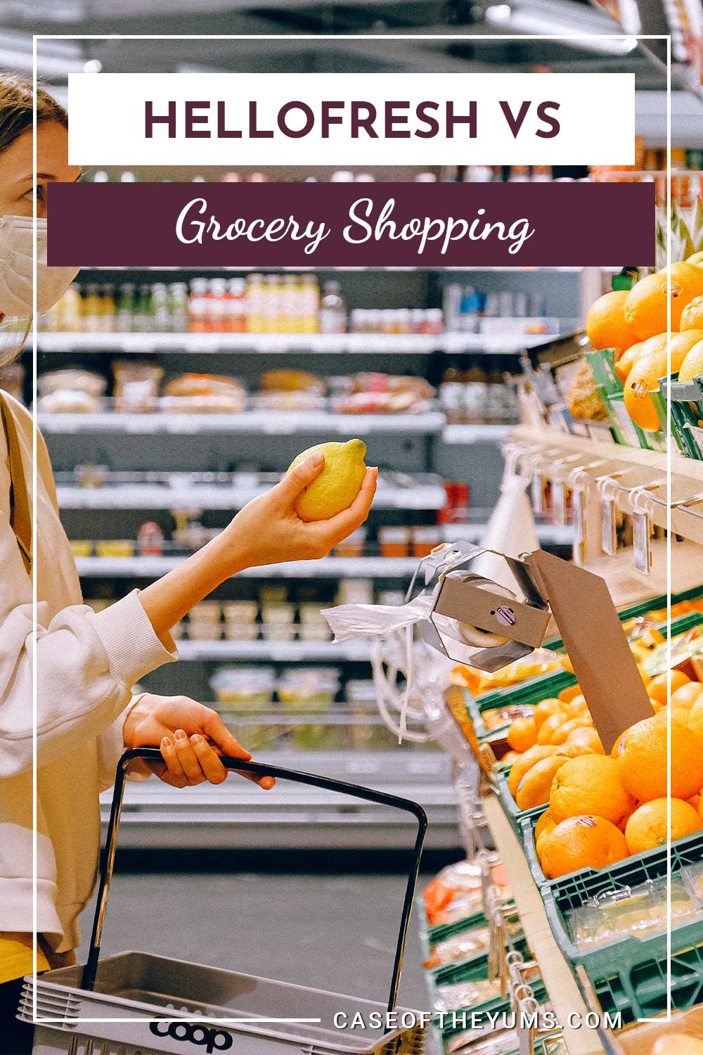 Woman with a mask on buying fruits - HelloFresh vs Grocery Shopping