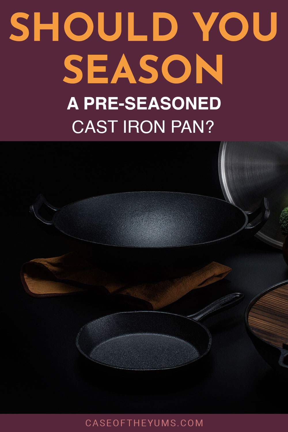 Iron pans on a black surface - Should You Season A Pre-Seasoned Cast Iron Pan?