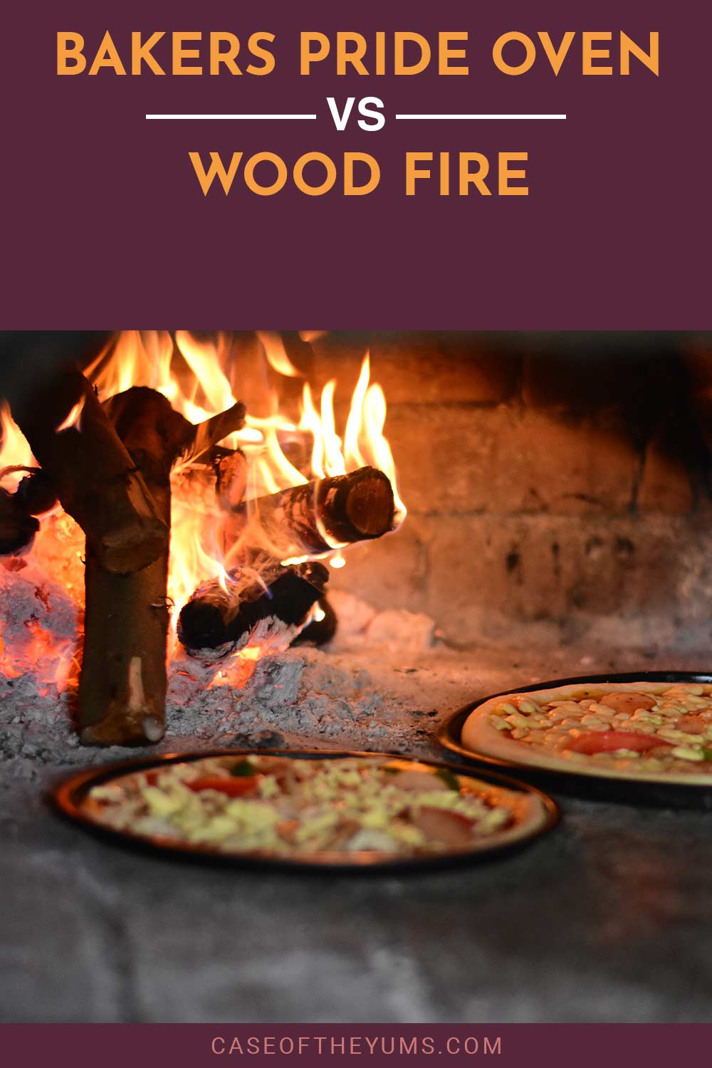 Two pizzas and some flaming wood in an oven - Bakers Pride Oven vs. Wood Fire.