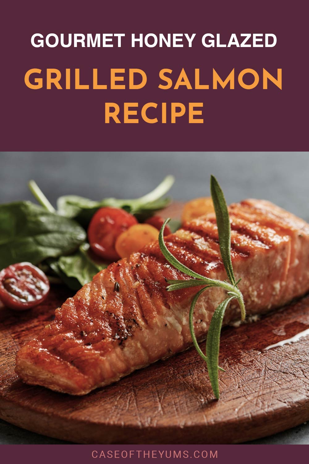 Fish recipe on a wooden surface - Gourmet Honey Glazed Grilled Salmon .